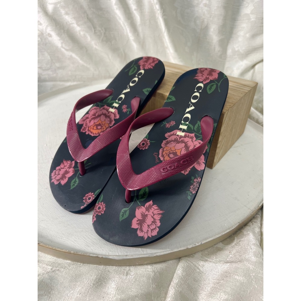Coach Floral Flip Flop Sandals Navy Burgundy Pink Women Size 6B G3817